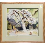 American School (20th century), Spring Landscape with Figure Leaving a Barn, watercolor, signed "