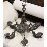 Continental style silvered bronze chandelier, having six lights with scrolled arms, 21"h x 23"w