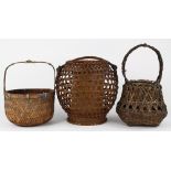 (lot of 3) Japanese bamboo baskets for ikebana flower arrangement of various forms with handle,