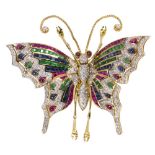 Diamond, multi stone and 18k yellow gold butterfly brooch designed as a butterfly featuring (2)