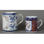 (lot of 2) Chinese export porcelain tankards, 18th/19th century, one with flowers and cornucopia