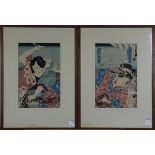 (lot of 2) Morikawa Chikashige (Japanese, active 1869-1882), Meiji period, Kabuki play 'Keisei