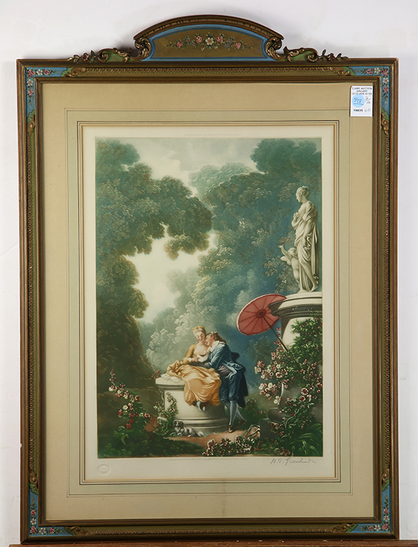 (lot of 2) After Thomas Gainsborough (British, 1727 - 1788), Lady with her Dog, color etching,