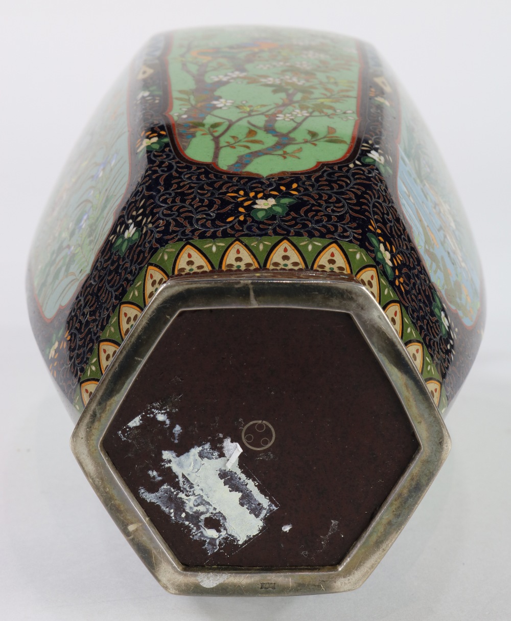 Pair of Japanese cloisonne vases, Meiji period, having a hexagonal body with seasonal flowers, trees - Image 5 of 6