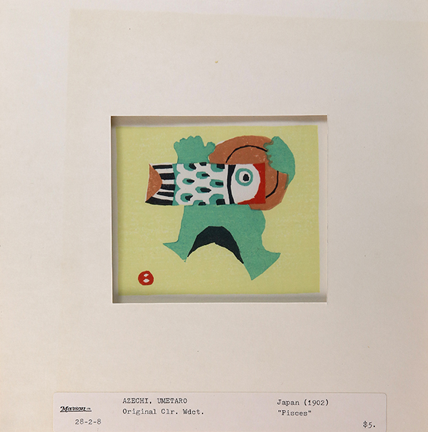 Umetaro Azechi (Japanese, 1902-1999), "Pisces," woodcut in colors, monogram in plate lower left,
