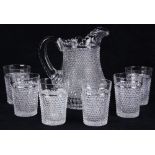 (lot of 7) Cut glass drinking set, consisting of a pitcher and six tumblers, pitcher: 8"h