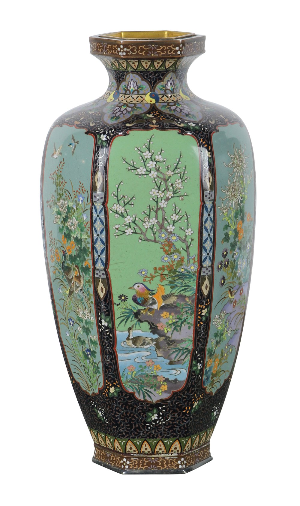 Pair of Japanese cloisonne vases, Meiji period, having a hexagonal body with seasonal flowers, trees - Image 3 of 6