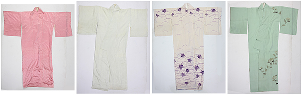 (lot of 4) Japanese three silk kimono: first with purple irises on pale pink; second with