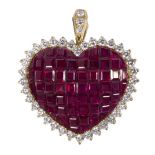 Ruby, diamond and 18K yellow gold heart pendant-brooch featuring (62) invisibly-cut rubies, weighing