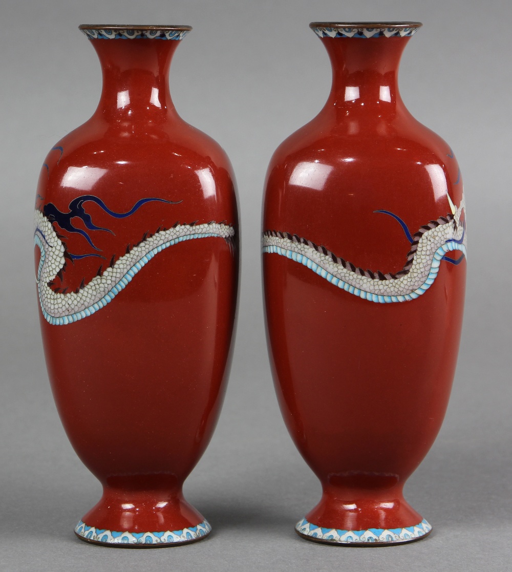 Pair of Japanese cloisonne vases, Meiji period, featuring a three-claw dragon on rounded rectangular - Image 3 of 6