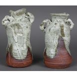 Pair of modern Japanese ceramic vases, gray green drip glaze over red clay body, base with seal [