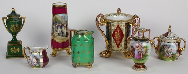 (Lot of 7) Bavarian porcelain table articles, each with polychrome and gilt enamel decoration