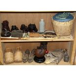 (lot of 35+) Two shelves of Asian decorative items, including a Chinese teapot in a basket; a