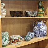 (lot of 10) Two shelves of Chinese ceramics, including a fu-lion, two planters, three blue and white