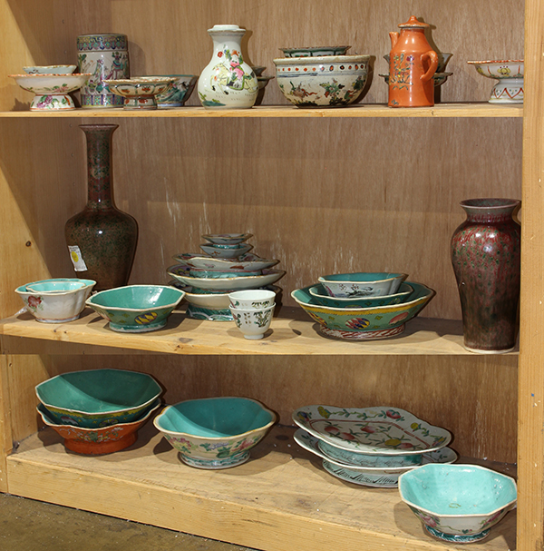 (lot of approx. 36) Three shelves of Chinese porcelain, mostly of enameled footed bowls, dishes,