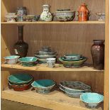 (lot of approx. 36) Three shelves of Chinese porcelain, mostly of enameled footed bowls, dishes,