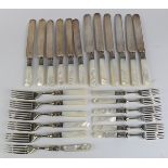 (lot of 24) Twelve English sterling silver and mother of pearl fish forks (one with losses),