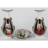 (Lot of 3) Continental glass and porcelain vanity articles, consisting of a pair of glass decorative