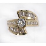 Diamond and 14k yellow gold ring centering one round brilliant-cut diamond, weighing approximately