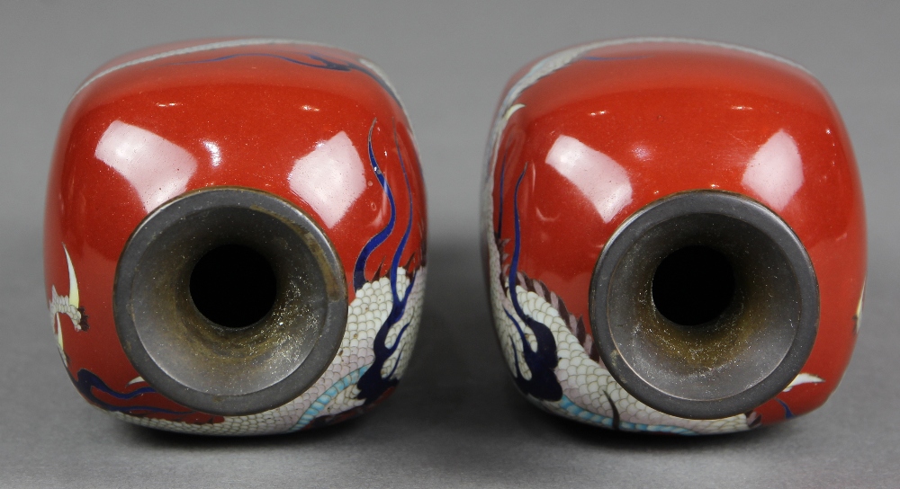 Pair of Japanese cloisonne vases, Meiji period, featuring a three-claw dragon on rounded rectangular - Image 5 of 6