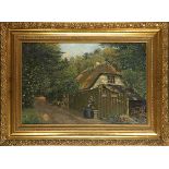 European School (20th century), Landscape with Roadside Cottage and Seated Figure, oil on canvas,