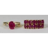 (Lot of 2) Ruby, diamond and yellow gold rings comprised of one ring, featuring (1) oval-cut ruby,