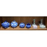 (lot of 8) Wedgwood jasperware group, consisting of two tea pots, one commemorating Queen Elizabeth,