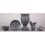 (lot of 5) Wedgwood and Co. black basalt ware group, each decorated with Classical style reserves,