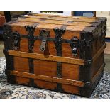 Victorian strapped steamer trunk having iron hardware, 24"h x 23"w x 20"d