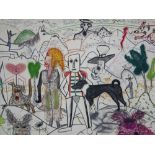 Roy de Forest, (American, 1930-2007), Untitled (Figures and Dogs), 1978, crayon and pastel on paper,