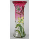 Moser enamel decorated cranberry glass vase, early 20th Century, the cylindrical form having a