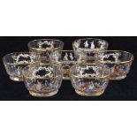 (Lot of 7) Italian cut glass and enamel decorated finger bowls, having a faceted oval form with