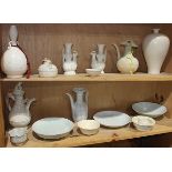 (lot of 15) Two shelves of Chinese ceramics, including vases, ewers, plates, cups and bowls, mostly