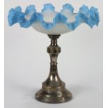 Edwardian silver-plated and glass epergne, the pressed glass bowl with a blue ruffled rim and waffle