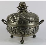 Peruvian silver-plate repousse figural tureen having a pronounced band of flowers and song birds