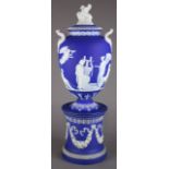 Josiah Wedgwood and Sons covered vase and pedestal, 18th century, executed in jasperware, having a