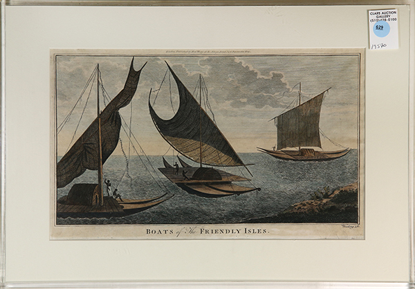 (lot of 3) Engravings with hand-coloring, "Boats of the Friendly Isles," published by Alex Hogg, "