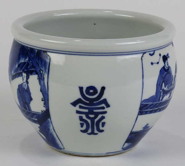 Chinese underglaze blue porcelain small fish bowl, with a rolled rim above two scenes with a scholar - Image 2 of 6