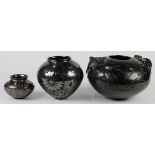 (lot of 3) Casas Grandes pottery group, the largest having a bulbous form flanked with lizard