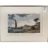 (lot of 7) Engravings with hand-coloring, "View of Anamooka," "The Natives of Otaheite Attacking