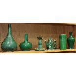 (lot of 6) One shelf of Chinese green glazed ceramics, consisting of three vases, a cylindrical