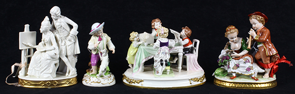 (Lot of 4) German porcelain figural group, consisting of peasants and courting couples in period