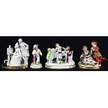 (Lot of 4) German porcelain figural group, consisting of peasants and courting couples in period