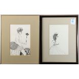 (lot of 2) Untitledd (Mascarade and Coming Undone), ink drawings on paper, each initialed "d"