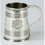 Danish .826 silver child's tankard having ribbed bands, and fronted by double script monograms,