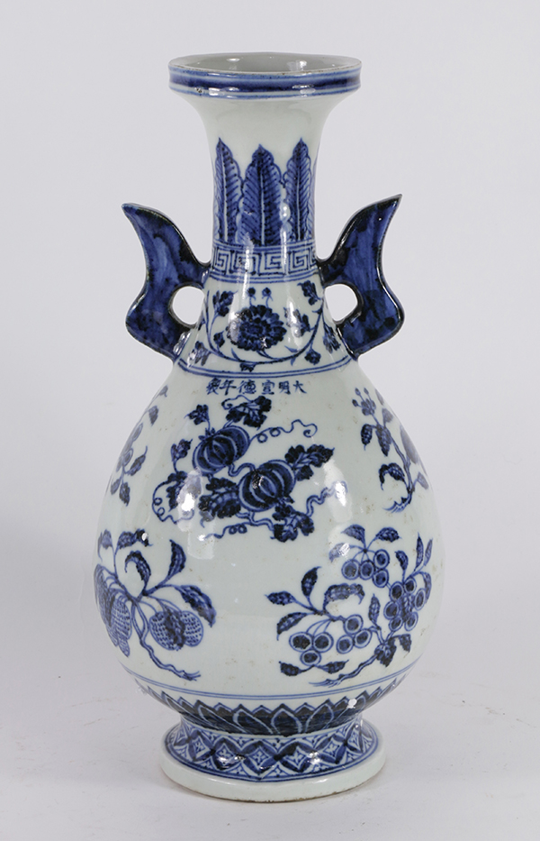 Chinese underglaze blue porcelain vase, of hu form with shaped handles flanking the neck detailed - Image 3 of 6