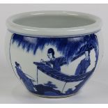 Chinese underglaze blue porcelain small fish bowl, with a rolled rim above two scenes with a scholar