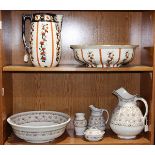 (lot of 7) Stoneware group consisting of an Imari style Keeling and Co. pitcher and center bowl, and