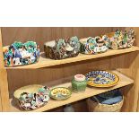 (lot of 8) Two shelves of Chinese ceramics, including five Shiwan planters fronted by figures and/or