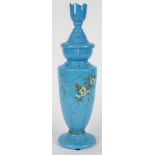Bohemian blue Bristol glass urn, the baluster form surmounted with a scallop rim finial, having